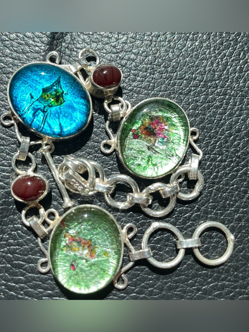 Artisan 925 Sterling Silver Dichroic Fused Glass & Gemstone Link Bracelet